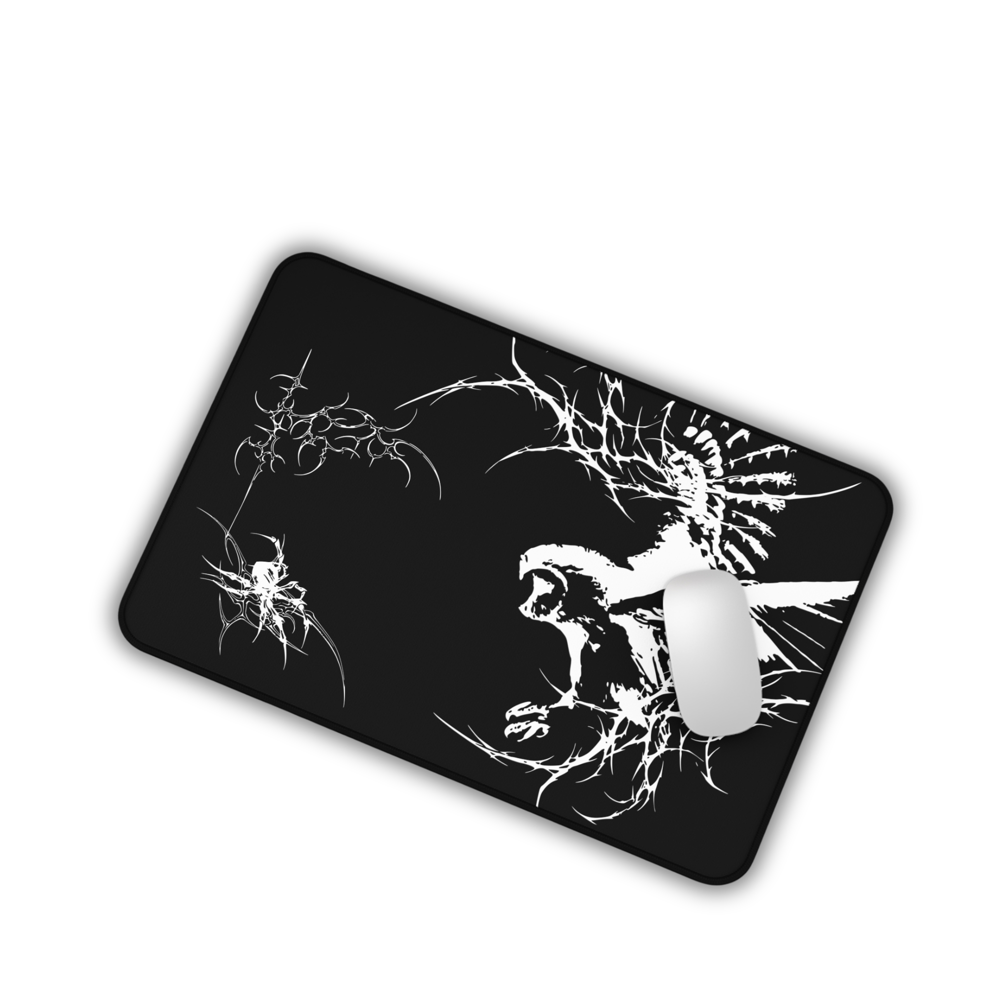 White Owl Cyber Sigil – Black Desk Mat – Gothic Owl Mouse Pad