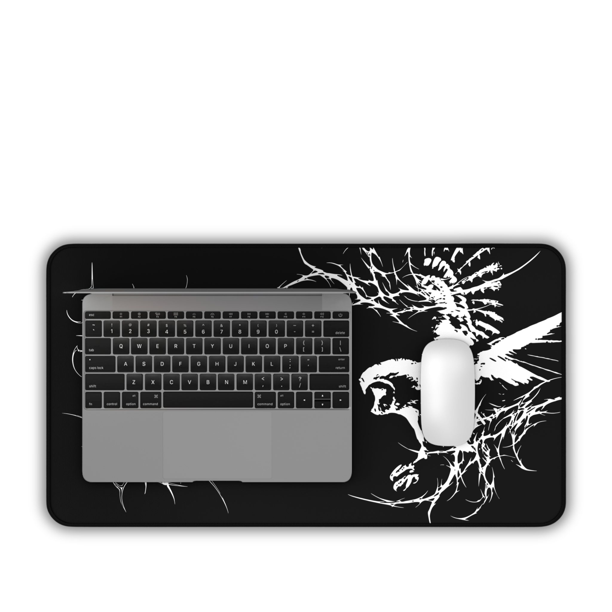White Owl Cyber Sigil – Black Desk Mat – Gothic Owl Mouse Pad