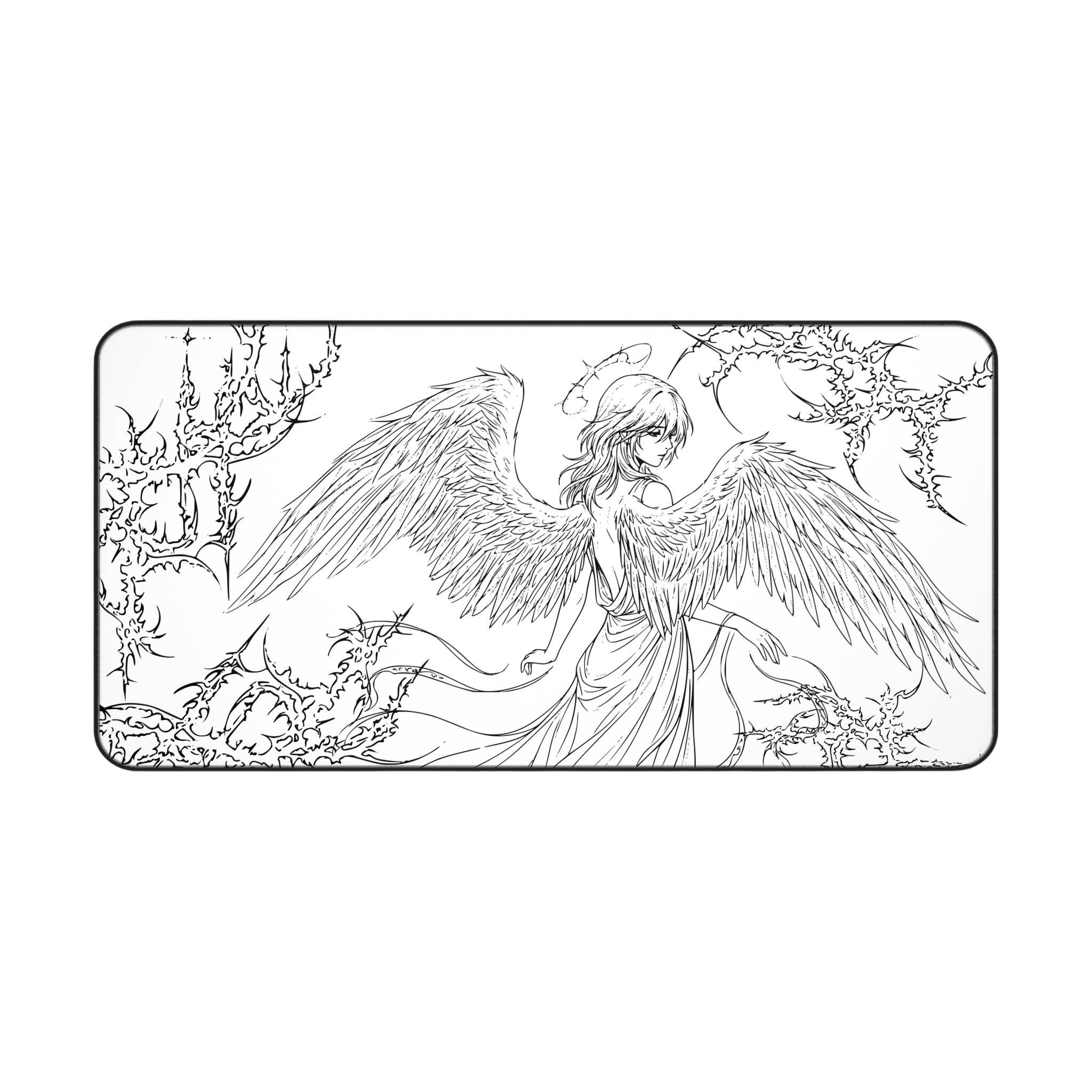 Angel Wings – White Desk Mat – Line Art Angel Mouse Pad