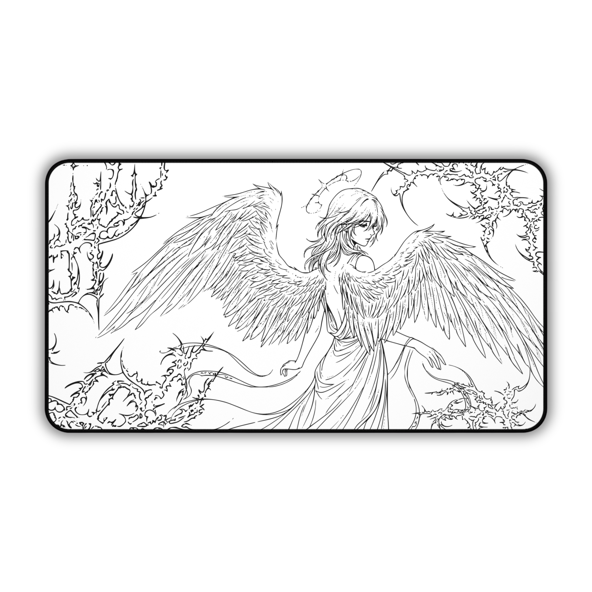 Angel Wings – White Desk Mat – Line Art Angel Mouse Pad