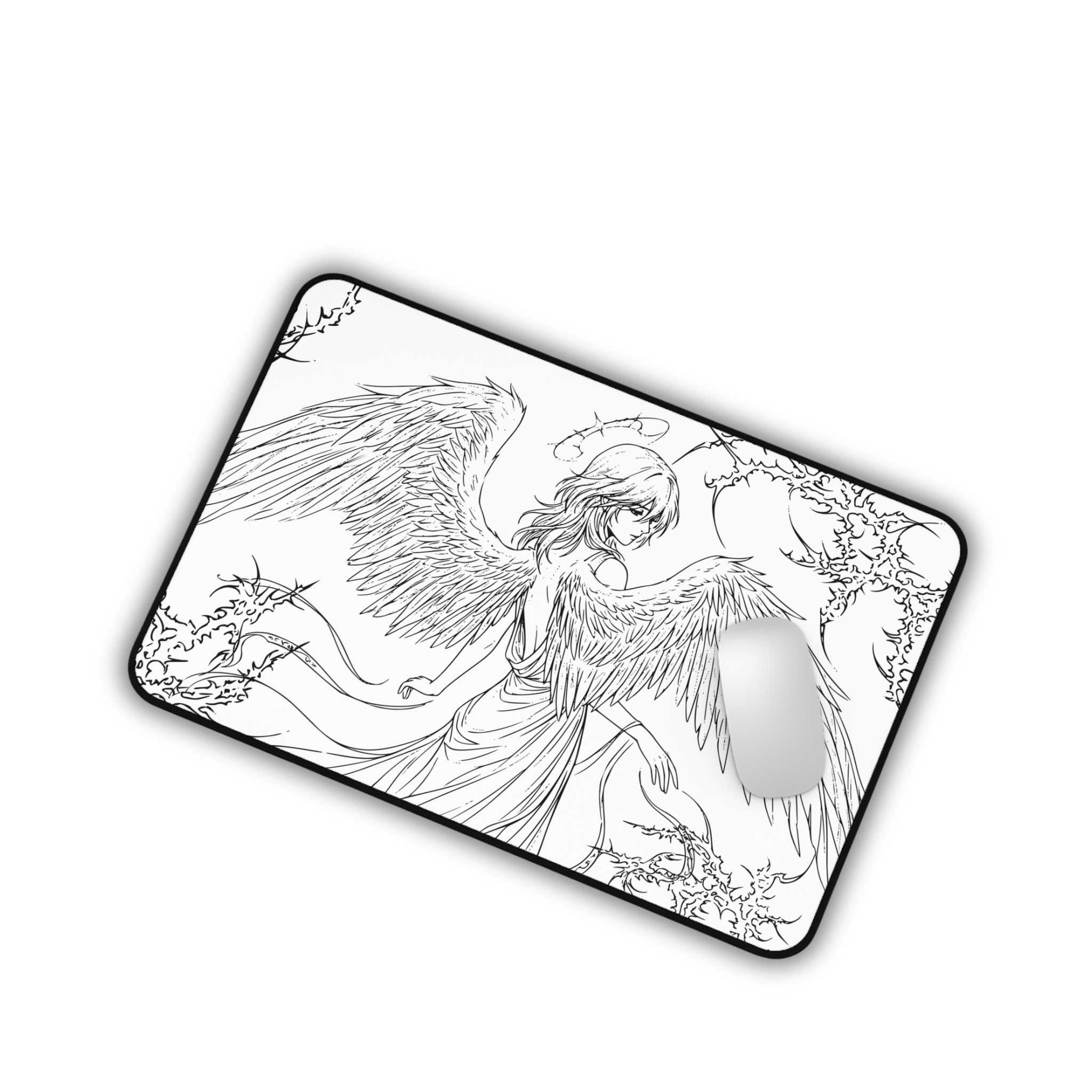 Angel Wings – White Desk Mat – Line Art Angel Mouse Pad