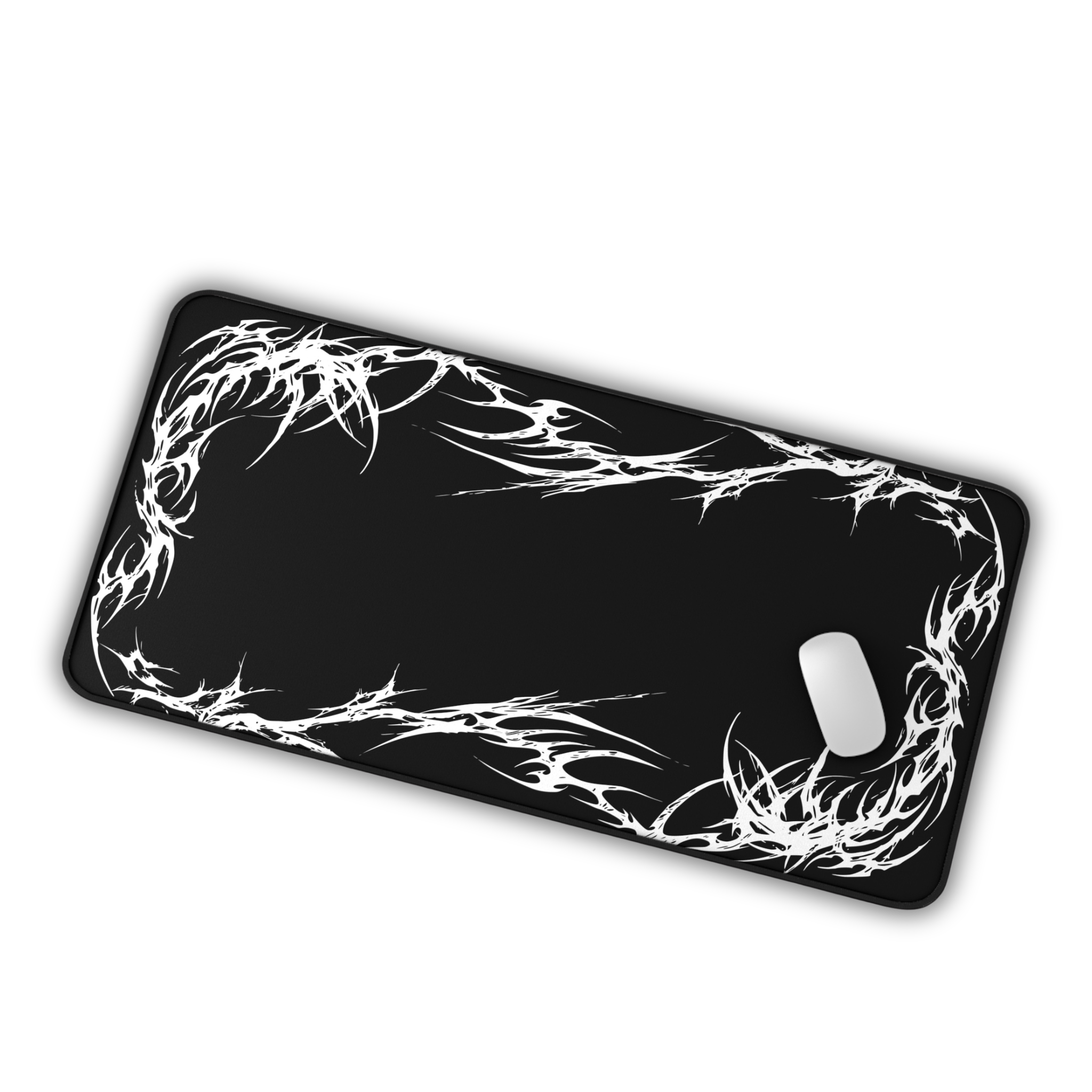 White Tribal Flame Corner – Black Desk Mat – Minimal Tribal Mouse Pad